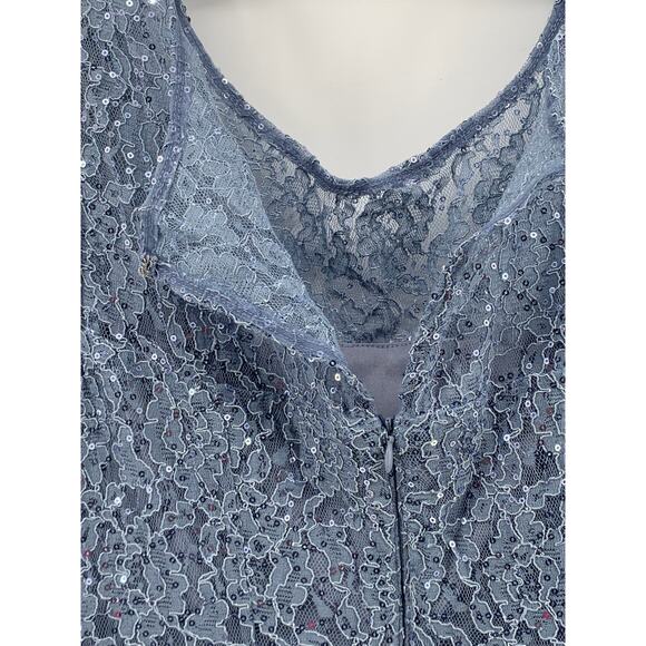 SLNY Women's Blue Sequin Embellished Floral Lace Short Sleeve A-Line Dress SZ 10 - Picture 6 of 11